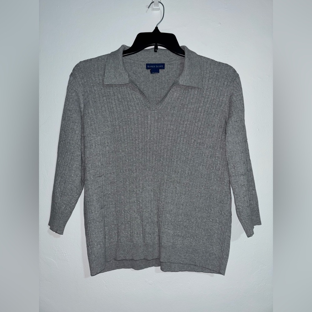 Karen Scott Gray Ribbed Knit Collared Cotton Sweater XL
